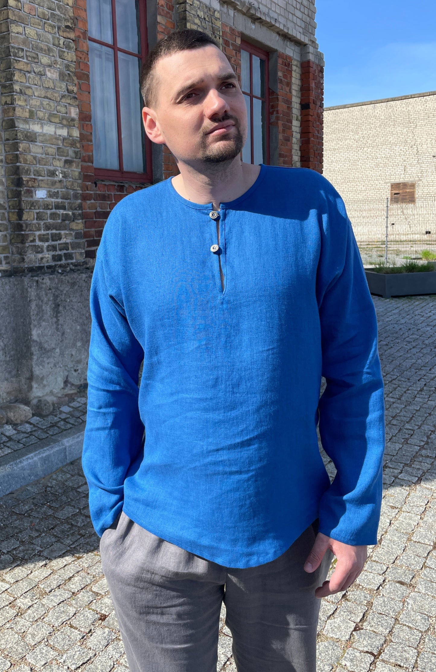 Vīriešu krekls lina koši zils S-XXL