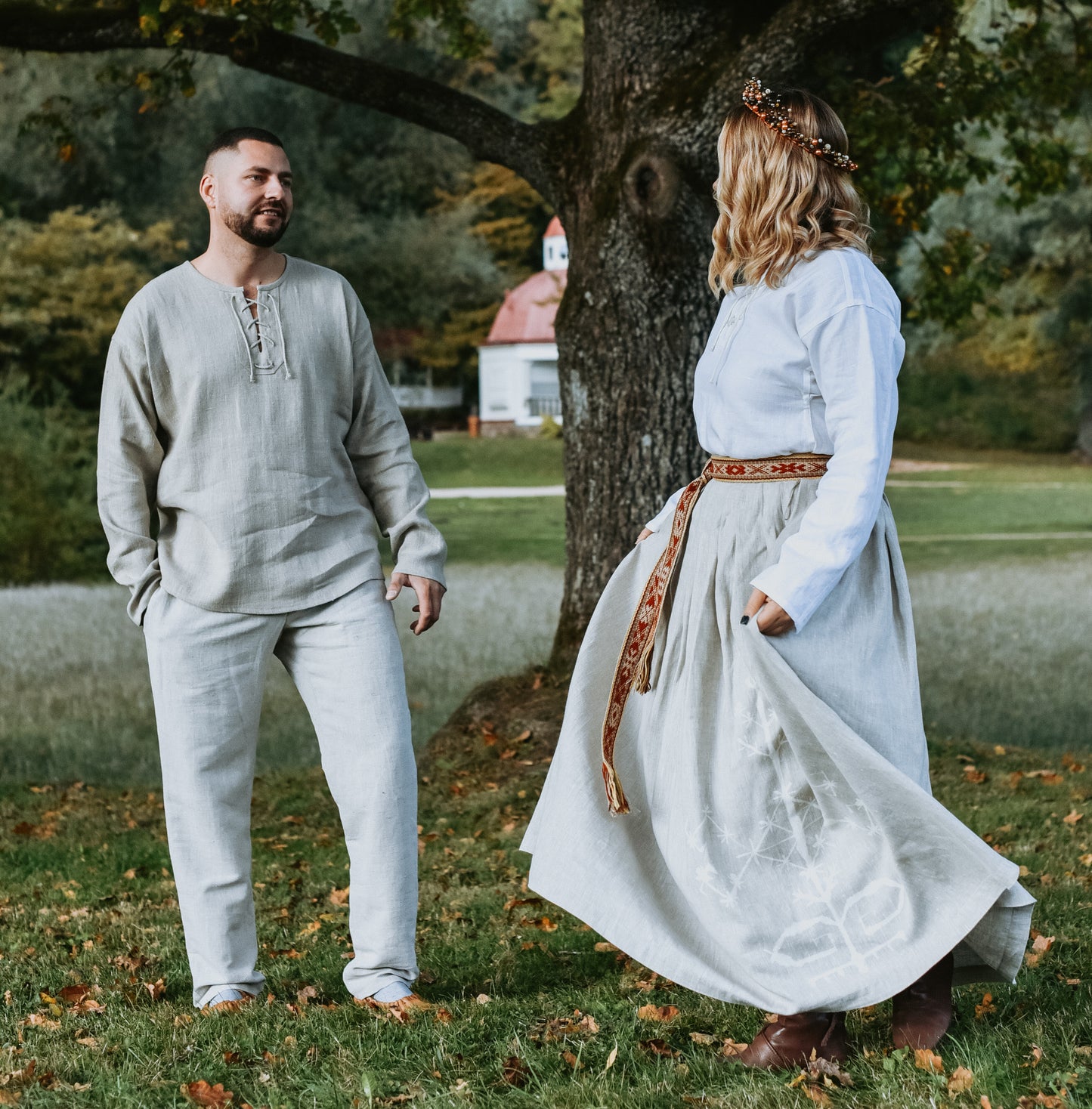 Vīriešu krekls lina pelēks ar lina auklu M-XL-XXL