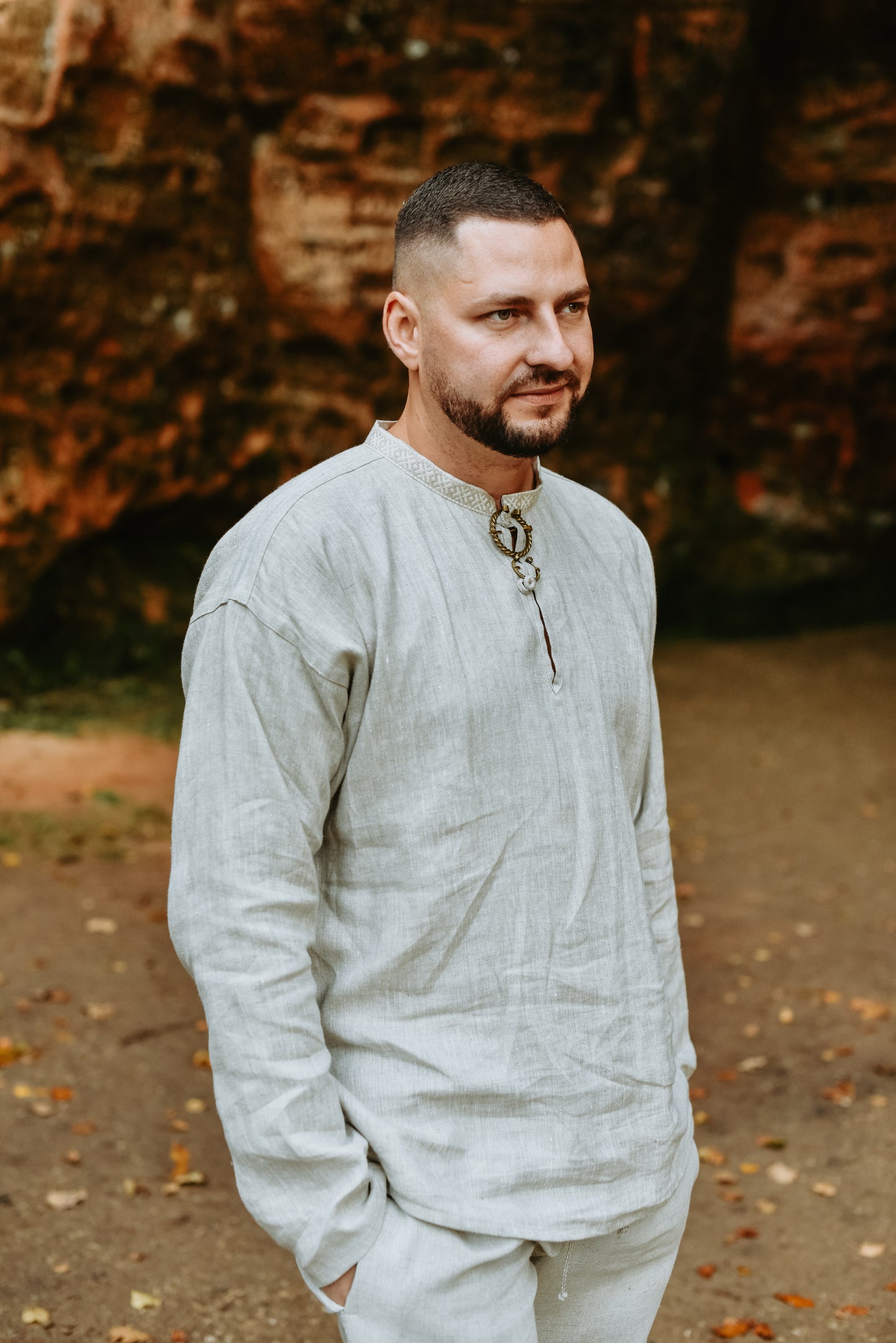 Vīriešu krekls lina pelēks ar rakstainu krādziņu S-M-L-XL