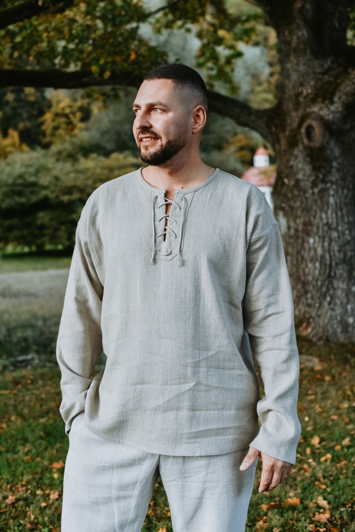 Vīriešu krekls ramia vidēji tumši pelēks ar lina auklu XXL