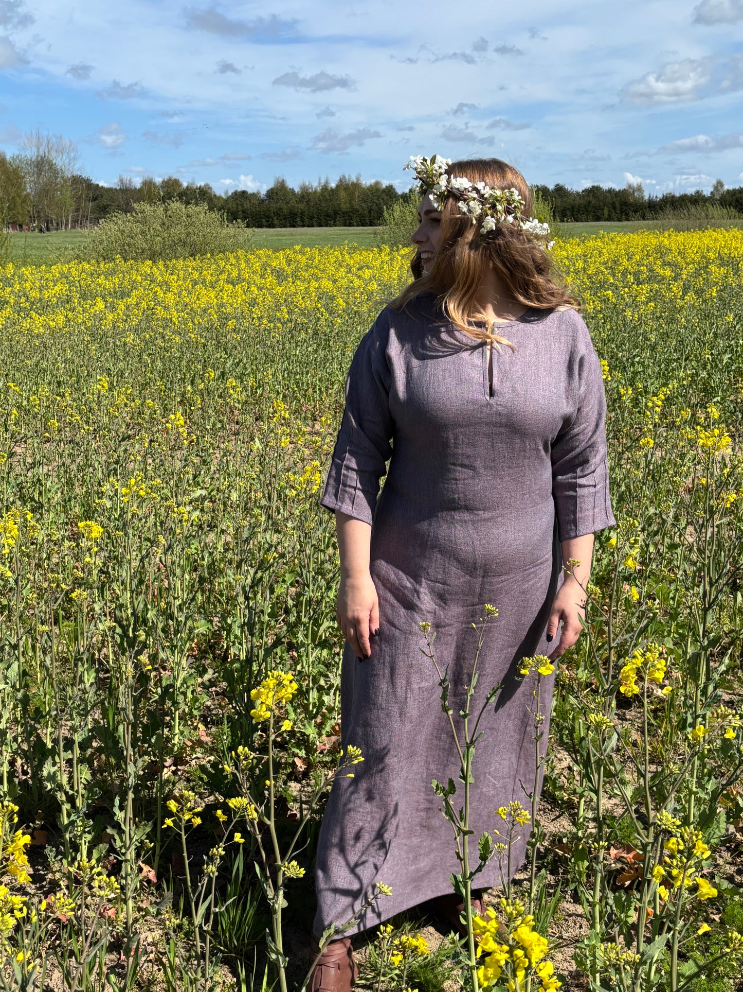 Sieviešu kleita lina violeta melanža 38-44 izm