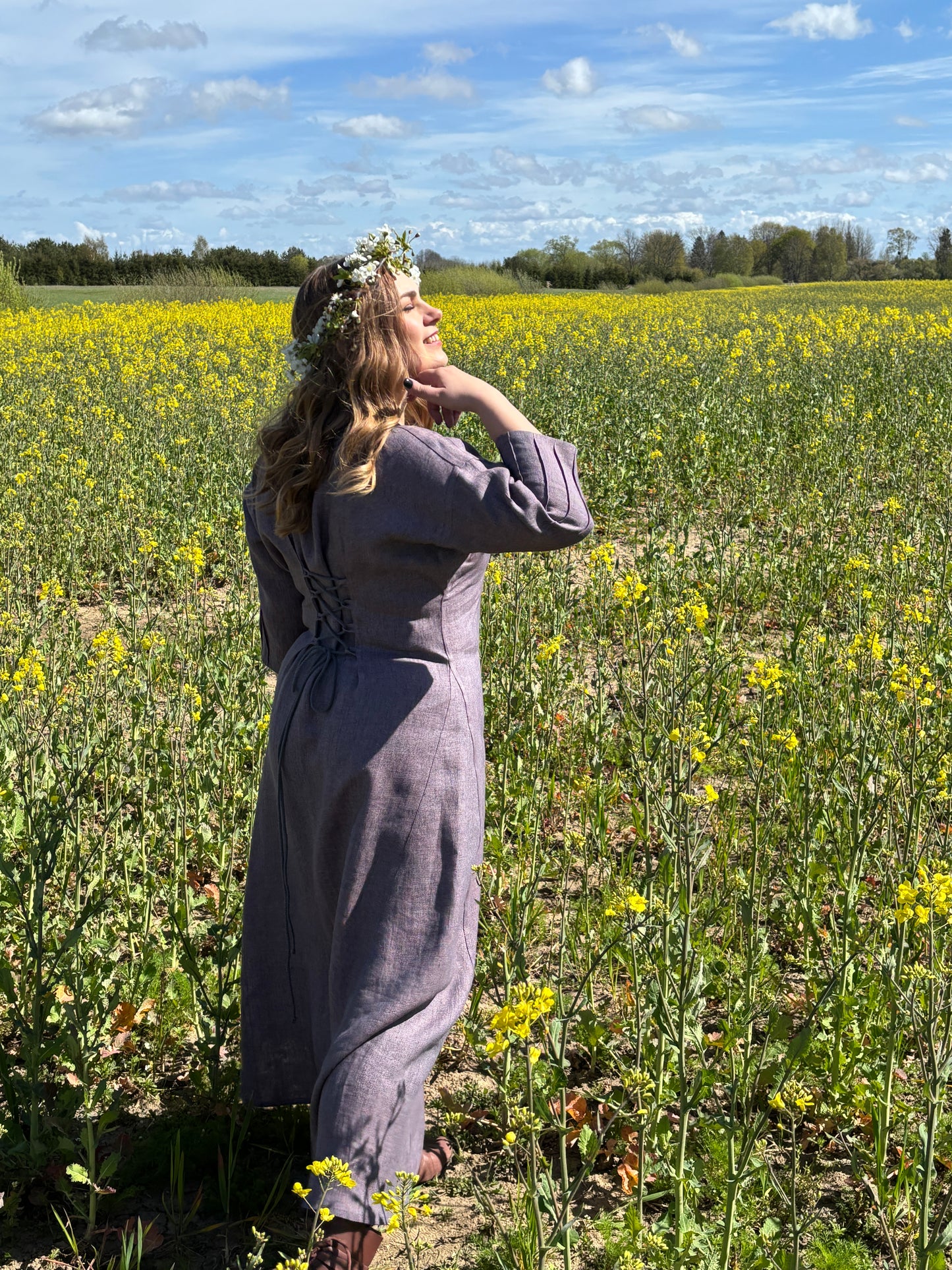 Sieviešu kleita lina violeta melanža 38-44 izm
