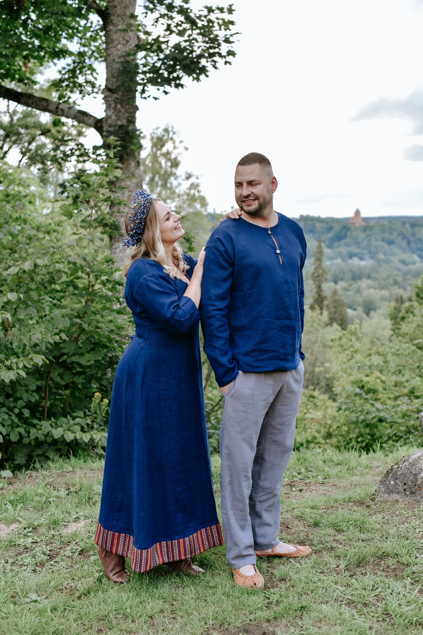 Vīriešu krekls lina tumši zils melanža M-XL