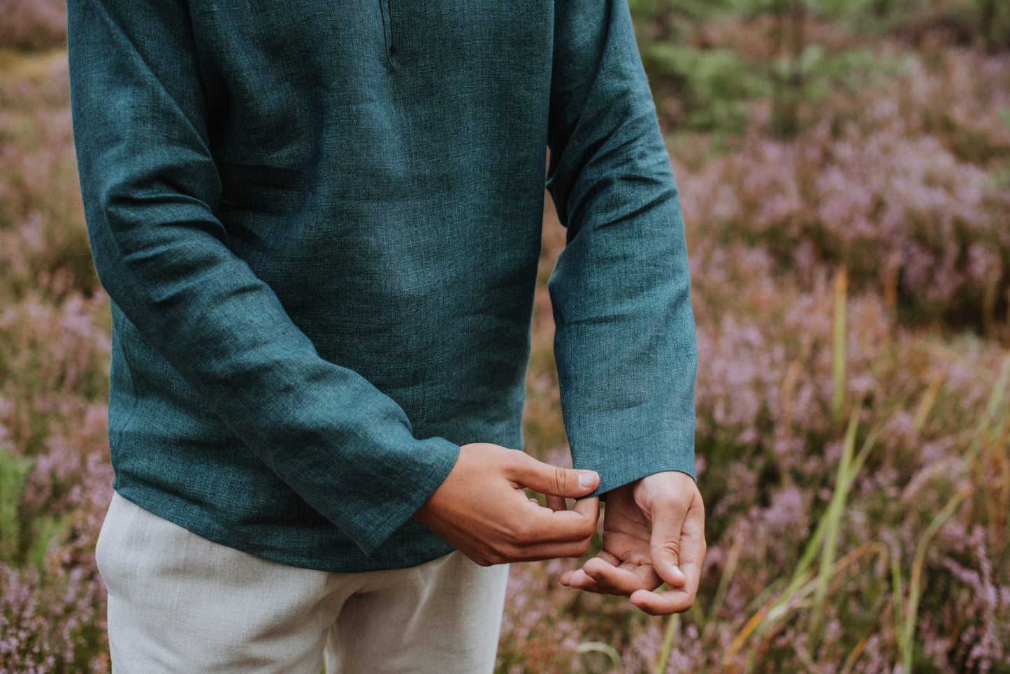 Vīriešu krekls lina zili zaļš melanža M-L