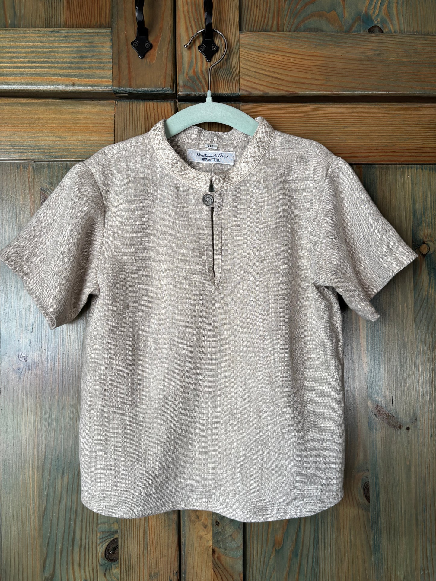 Zēnu lina krekls gaiši pelēks melanža ar rakstainu krādziņu 86-98-110 izm