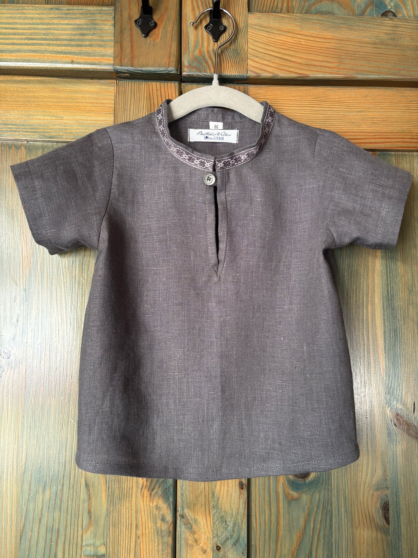 Zēnu lina krekls tumši pelēks ar rakstainu krādziņu 86 izm