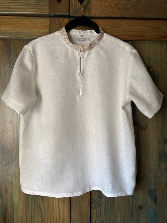 Zēnu lina krekls balts ar raksatinu krādziņu 140-152 izm