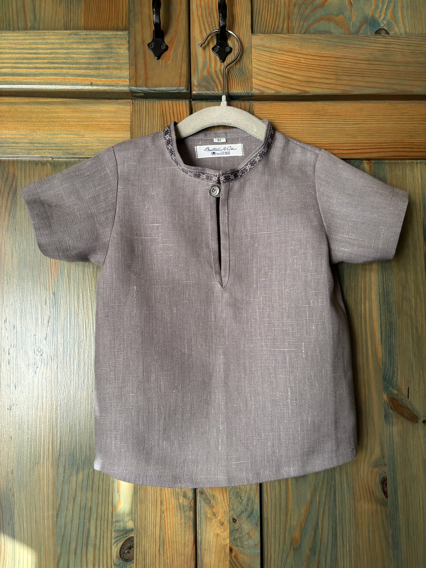 Zēnu lina krekls vidēji tumši pelēks ar rakstainu krādziņu 92 izm