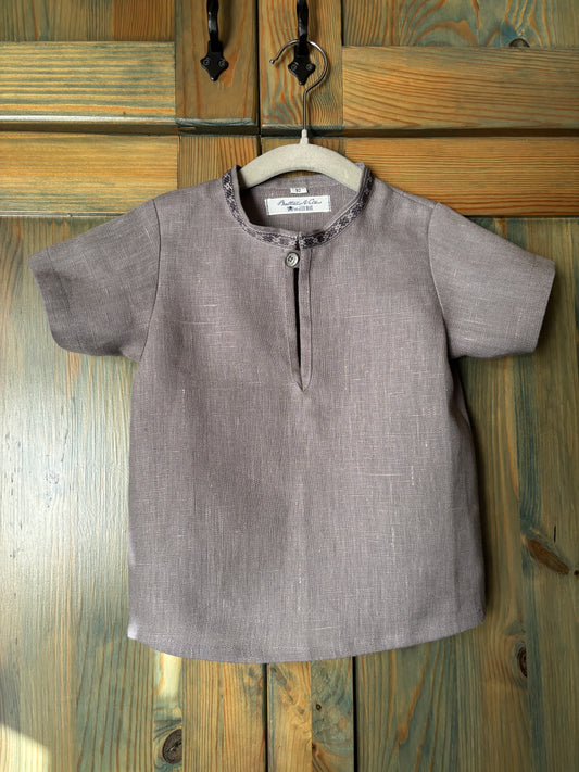 Zēnu lina krekls vidēji tumši pelēks ar rakstainu krādziņu 92 izm