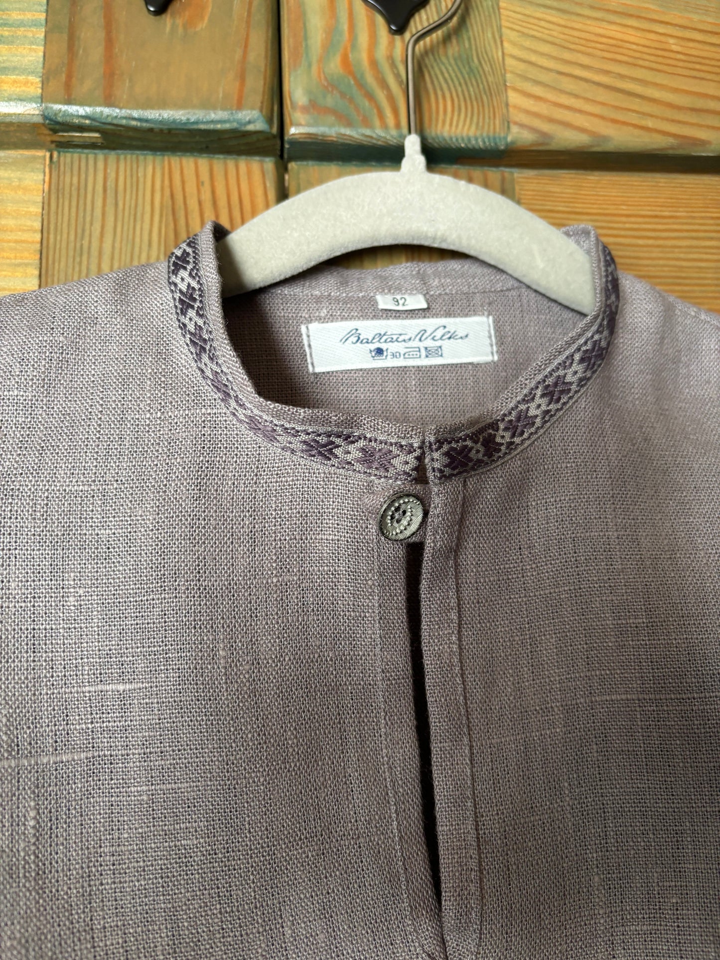 Zēnu lina krekls vidēji tumši pelēks ar rakstainu krādziņu 92 izm