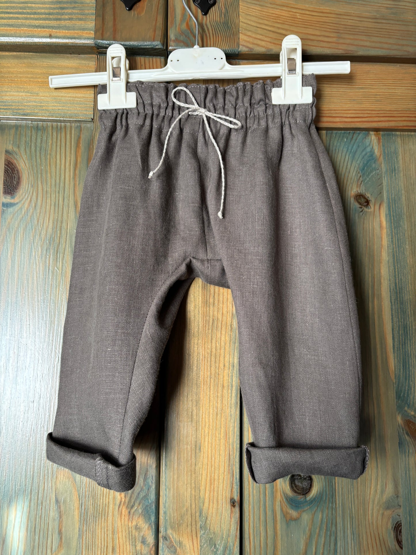 Zēnu lina bikses tumši brūngani pelēkas harēmtipa 68 izm