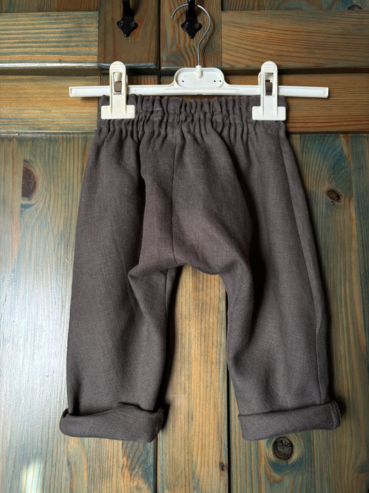 Zēnu lina bikses tumši brūngani pelēkas harēmtipa 68 izm
