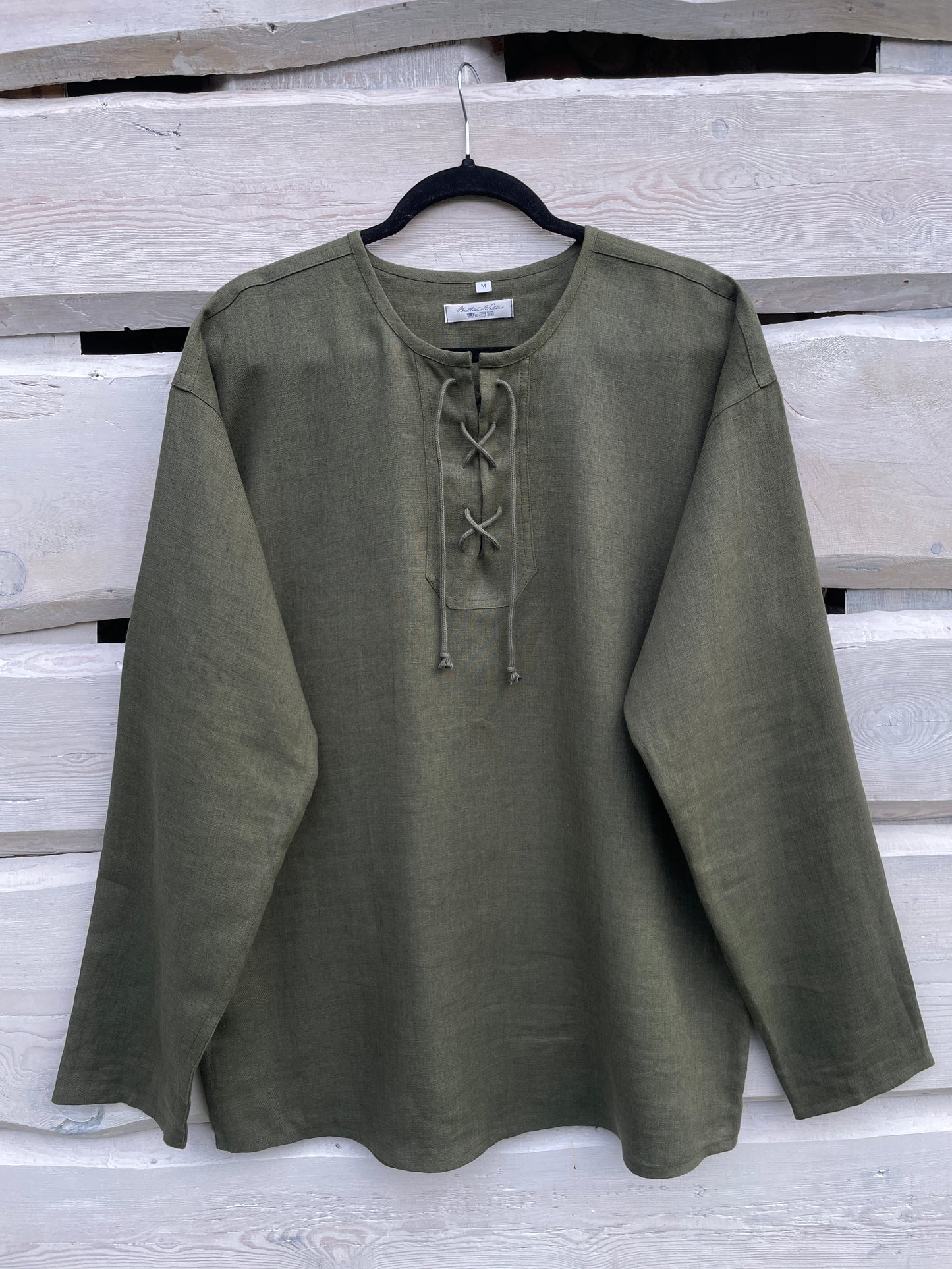 Vīriešu krekls lina sūnu zaļš ar lina auklu M-L