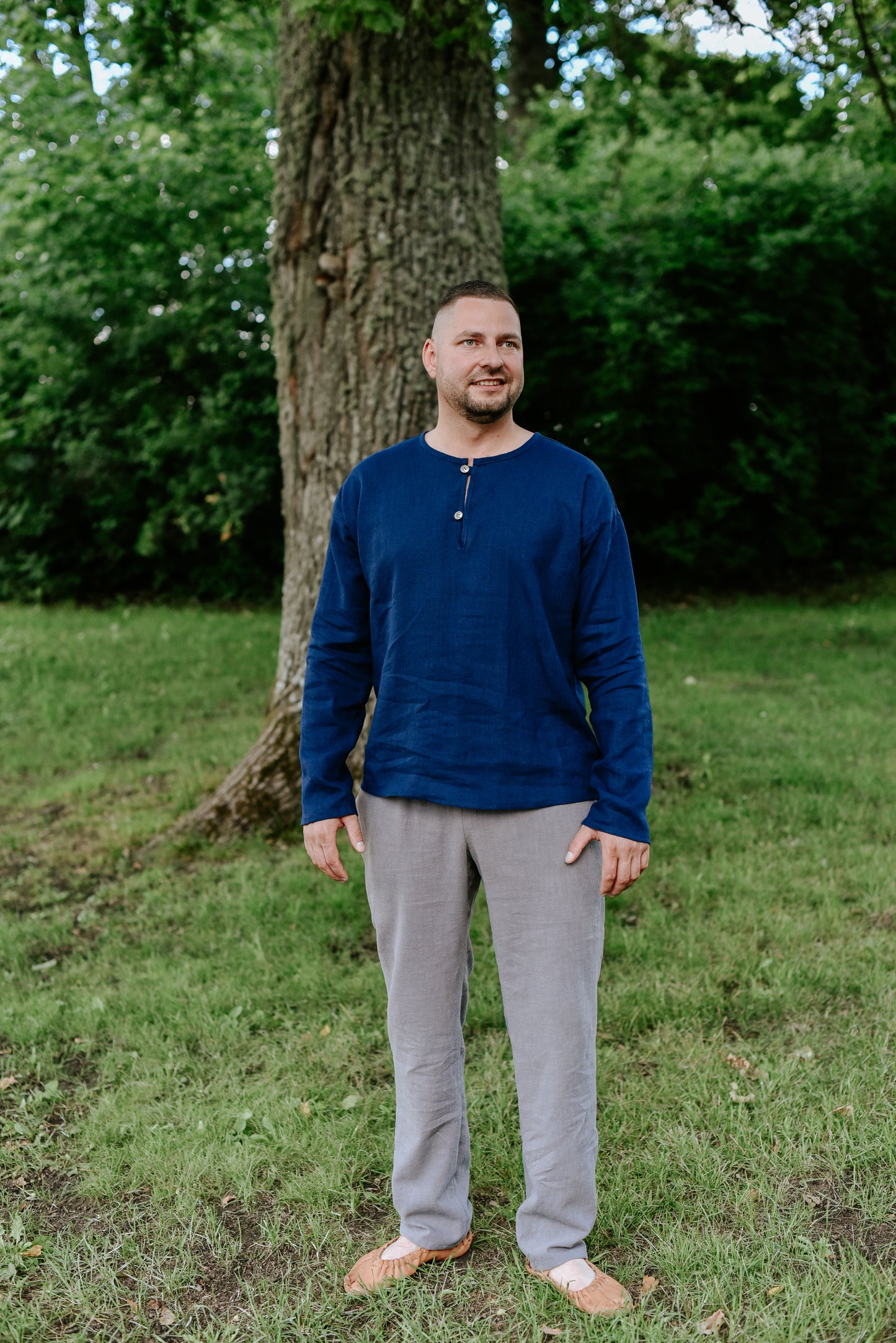 Vīriešu krekls lina tumši zils melanža M-XL