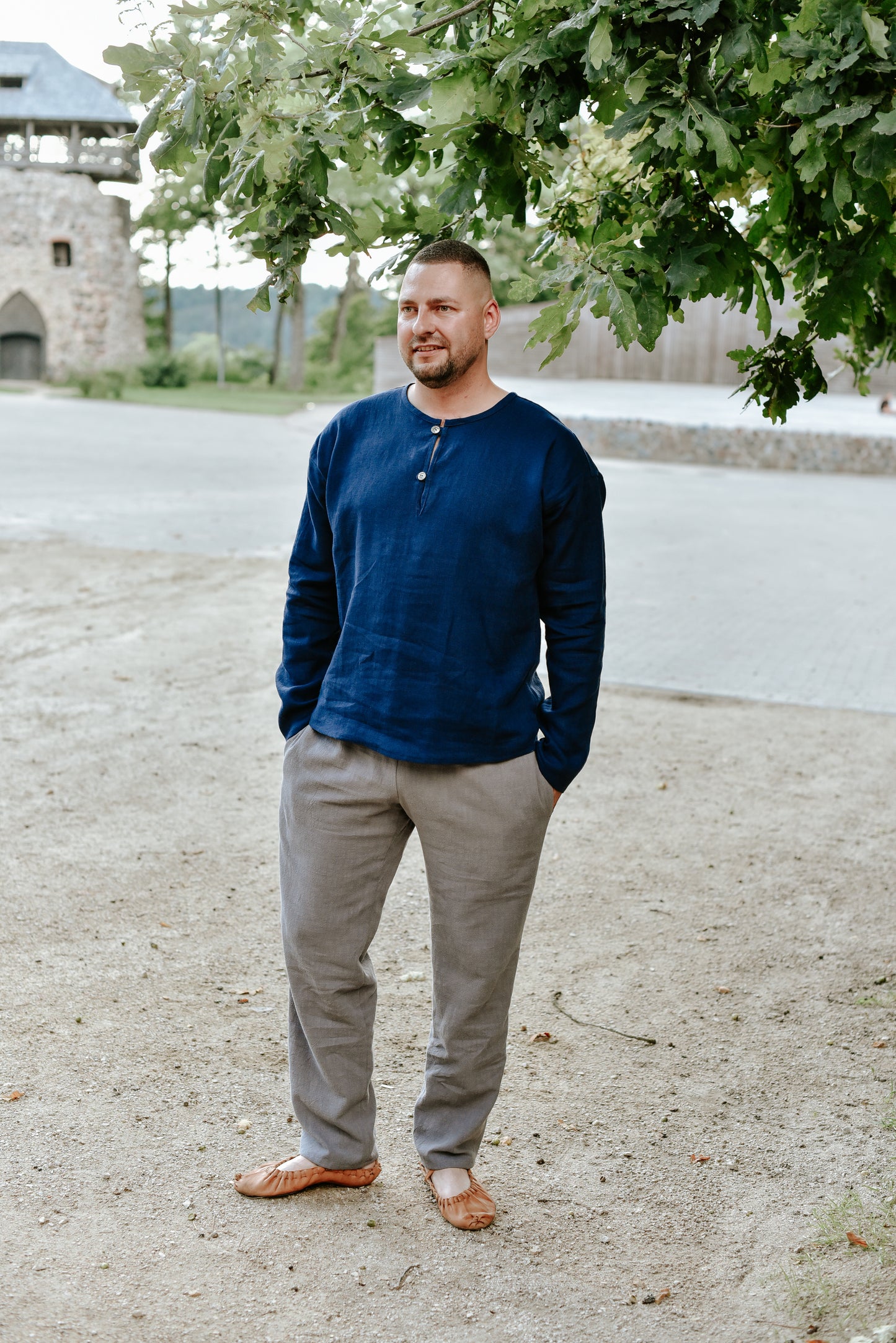 Vīriešu krekls lina tumši zils 2XL