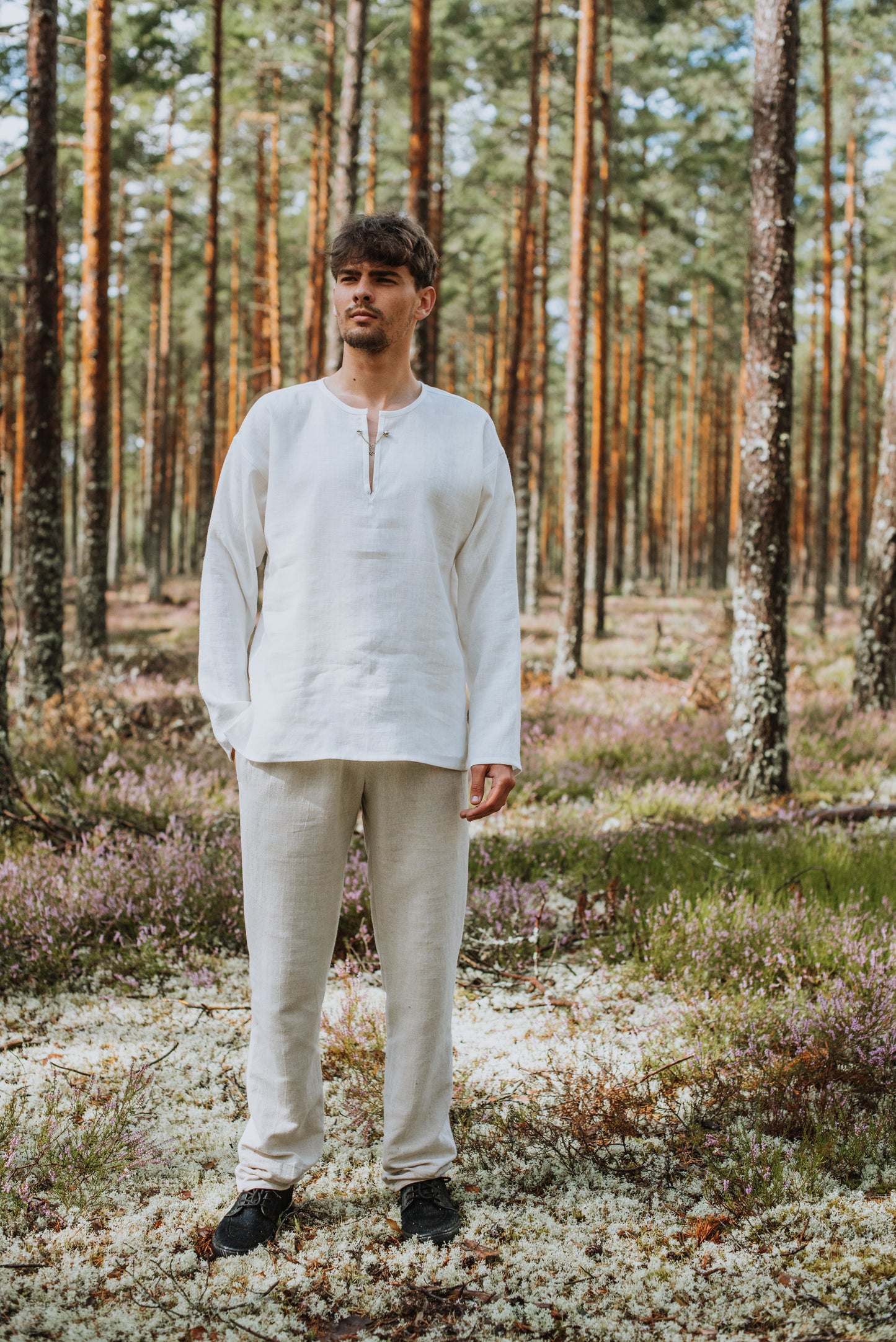 Vīriešu krekls lina balts bez aizdares M-L