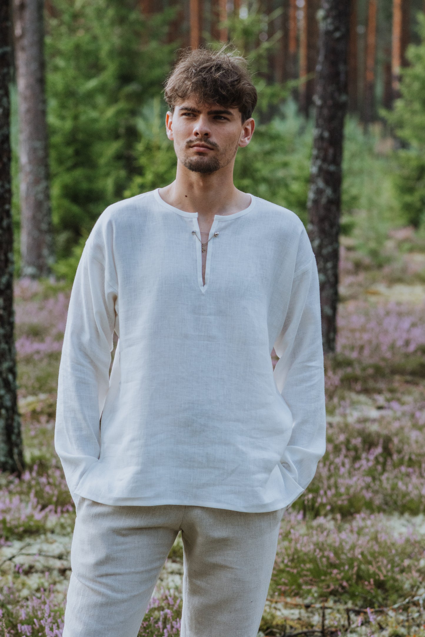 Vīriešu krekls lina balts bez aizdares M-L