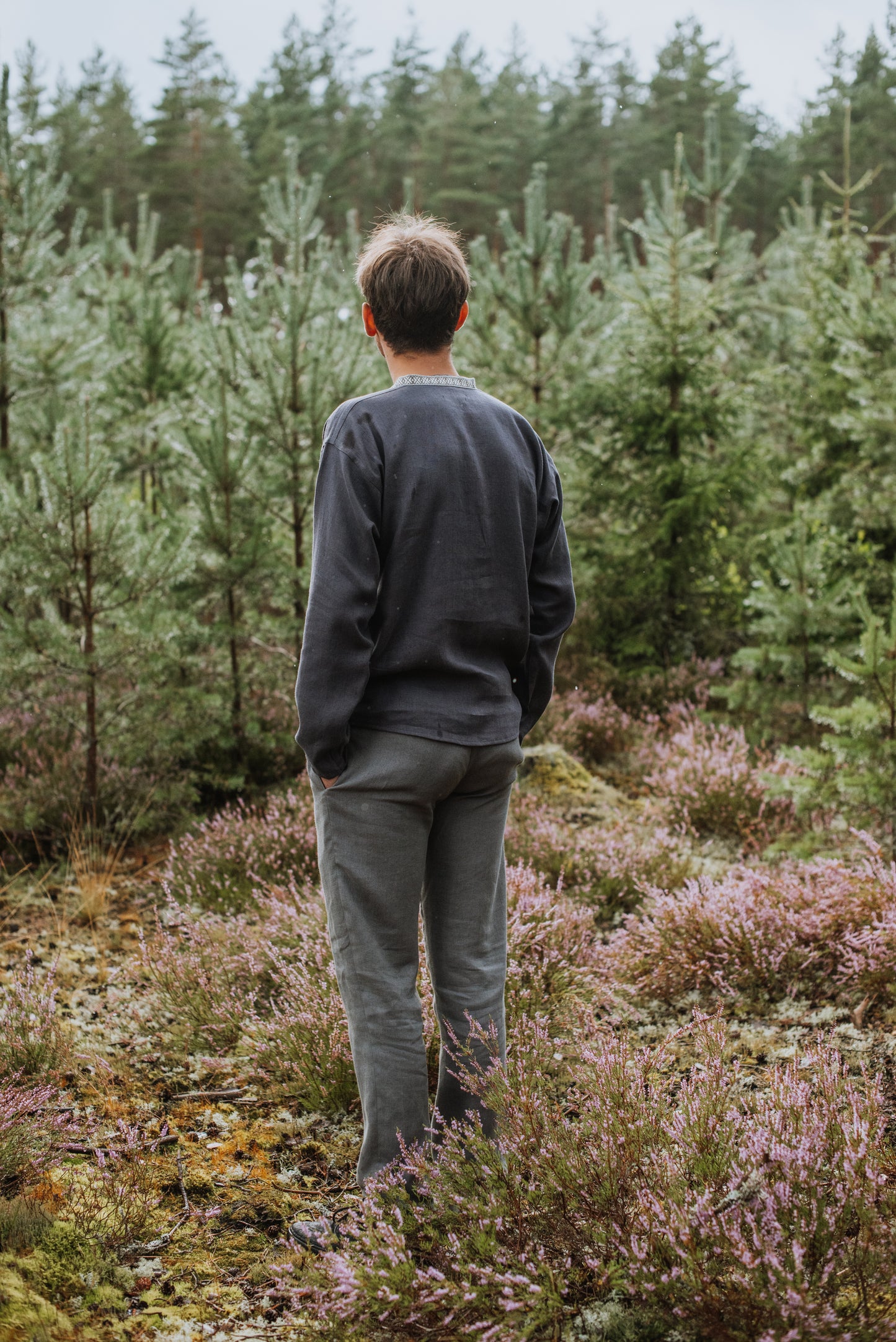Vīriešu krekls lina tumši pelēks (asfalta) ar rakstainu stāvkrāgu M-XXL